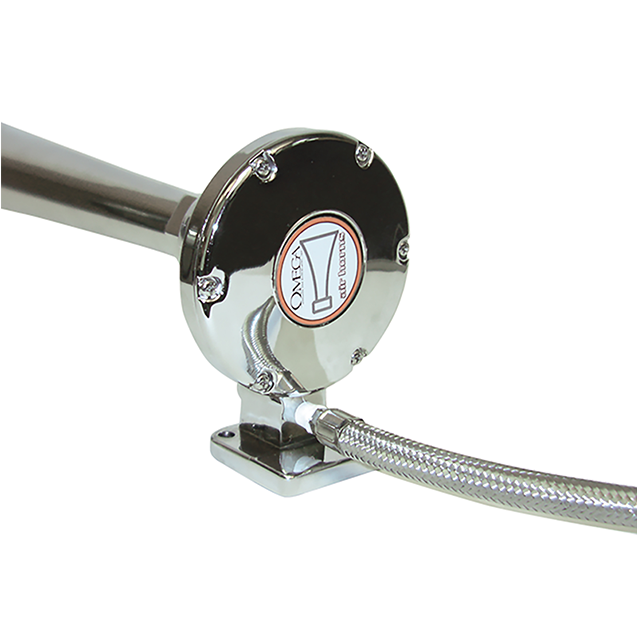 Close-up of the AH-HOSE12 braided stainless-steel hose connected to the back of a chrome horn