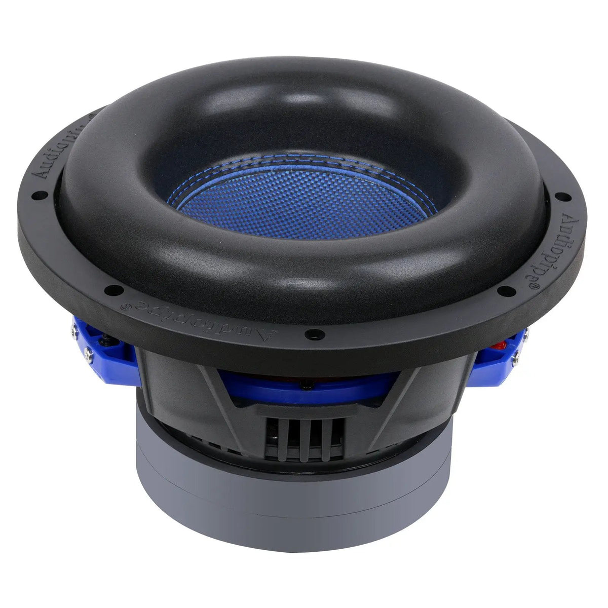 Angled view of an Audiopipe subwoofer with a blue cone, thick black surround and gray magnet