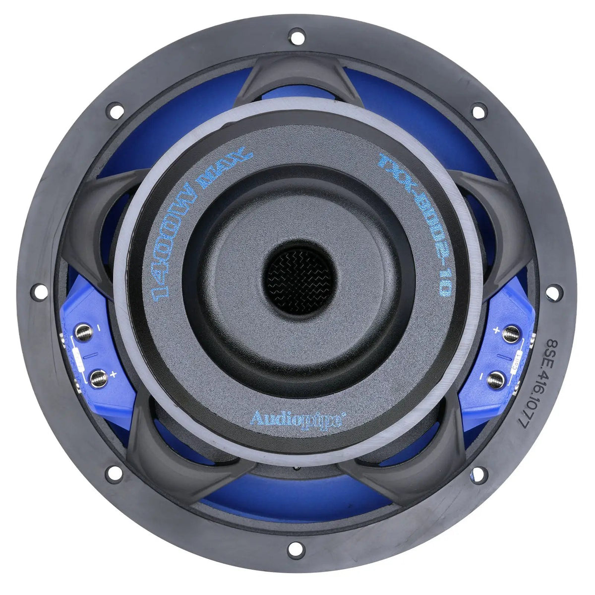 Rear view of an Audiopipe subwoofer showing the labeled magnet base and central vent
