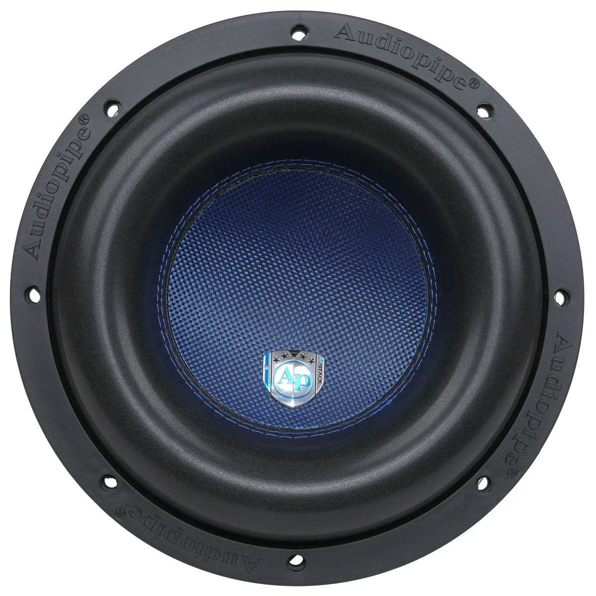 Front view of an Audiopipe subwoofer with a blue patterned cone and central AP logo