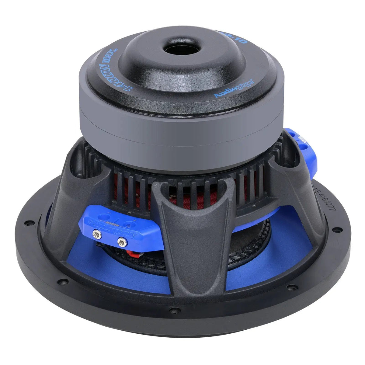 Rear angled view of an Audiopipe subwoofer showing its blue plate, black basket and vented magnet