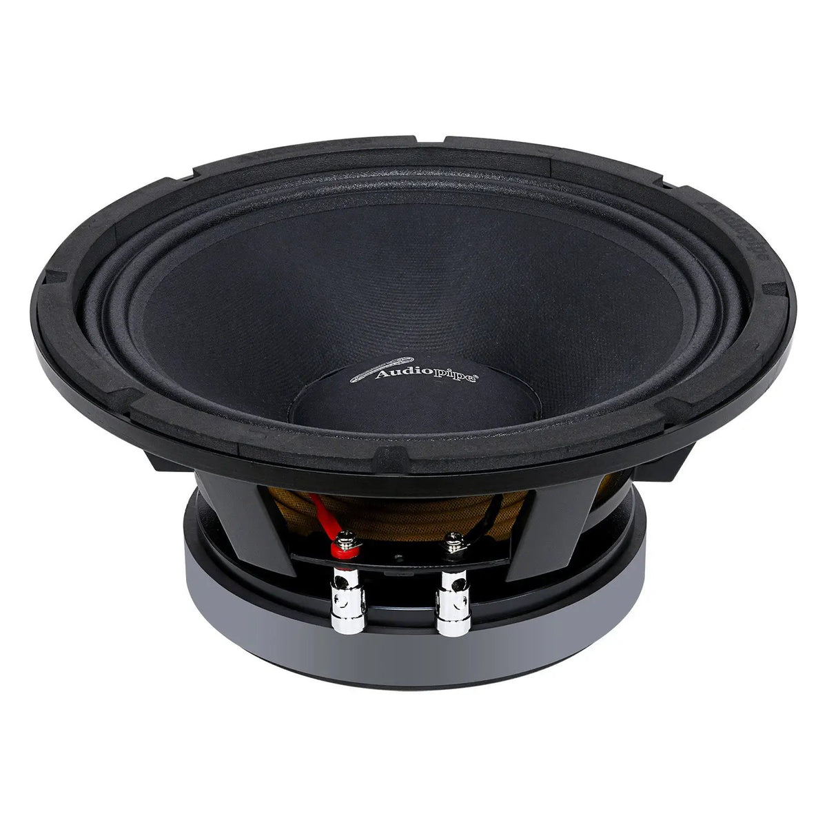 Black Audiopipe loudspeaker, angled view showing the cone and terminals