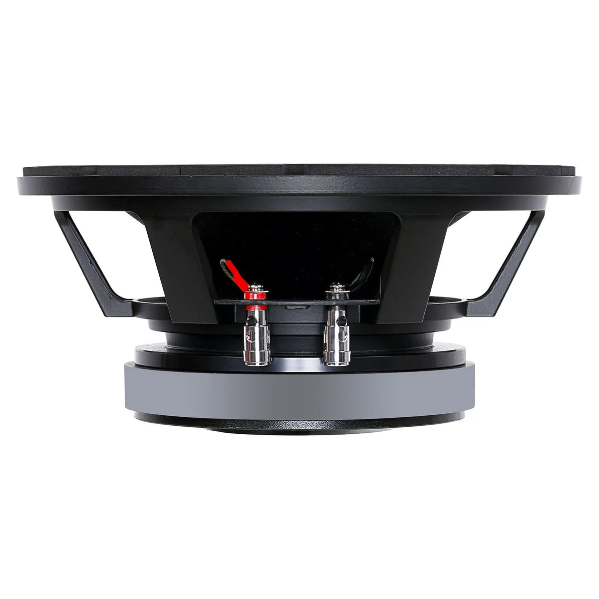 Side profile of an Audiopipe loudspeaker showing its open basket, magnet and spring terminals