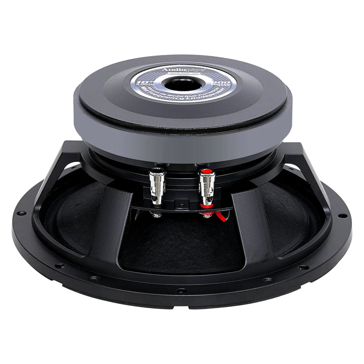 Rear view of an Audiopipe loudspeaker with red-and-black spring terminals and vented magnet
