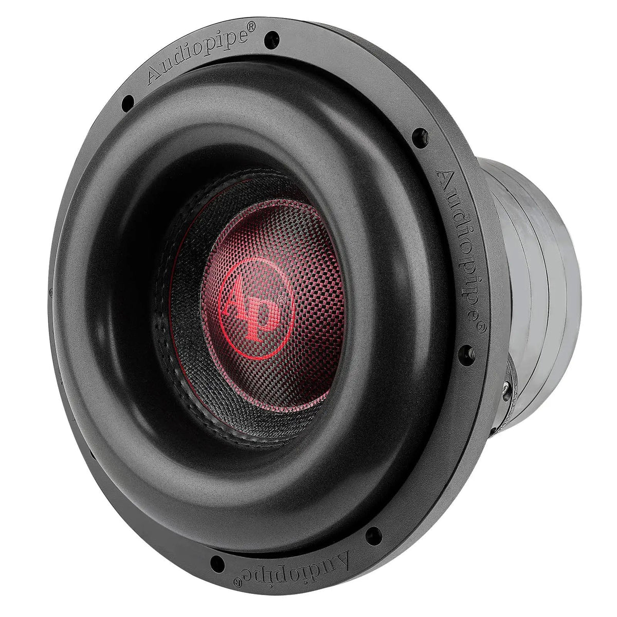 Audiopipe subwoofer with a red logo and broad black surround, angled view