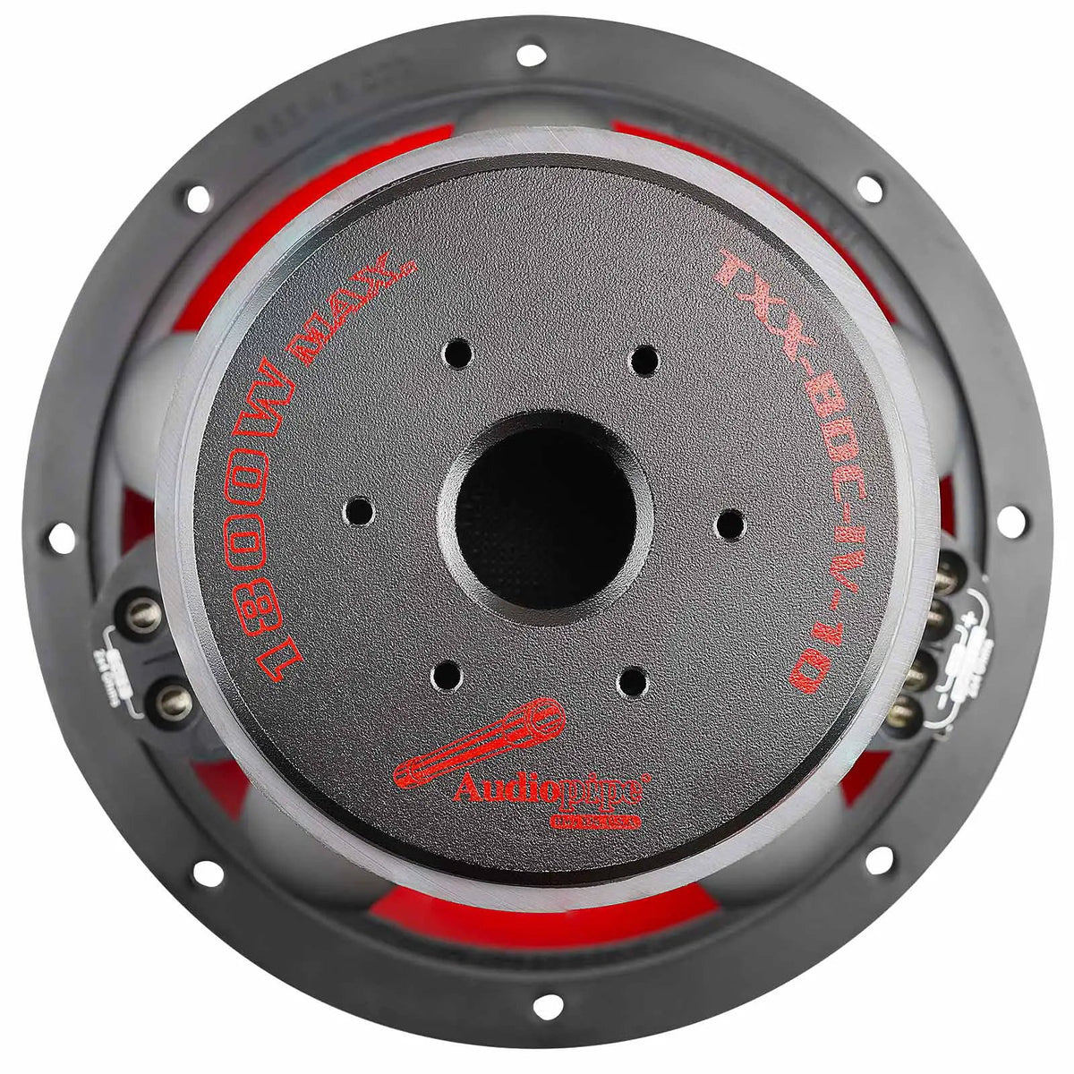 Rear view of an Audiopipe subwoofer with TXX-BDC-IV-10 and 1800W Max markings around its magnet vent