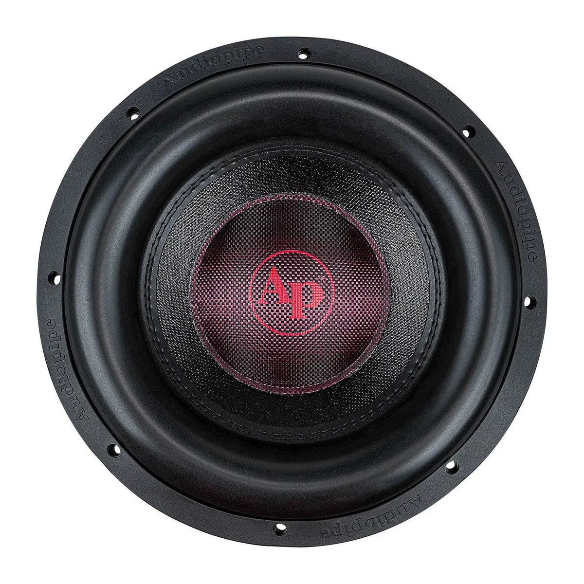 Front view of an Audiopipe subwoofer with a black woven cone and red AP logo