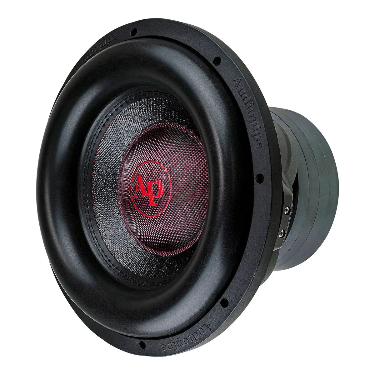 Angled front view of an Audiopipe subwoofer with red AP dust-cap logo and stacked gray magnet