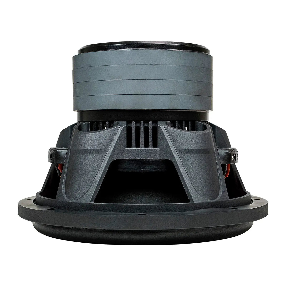 Subwoofer rear-side view showing the open basket and stacked motor
