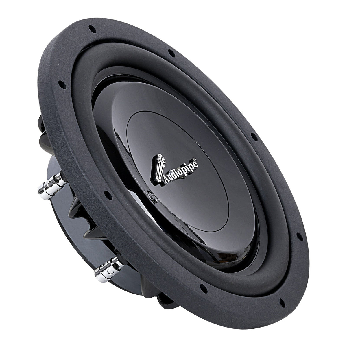 Angled front view of a black Audiopipe subwoofer with a smooth center cap and side terminals