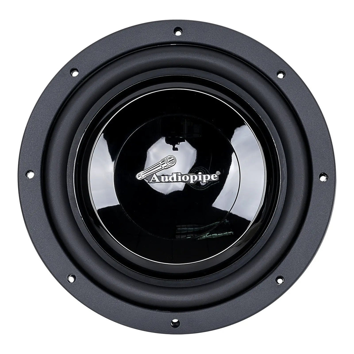 Audiopipe subwoofer with a glossy black cone, front view