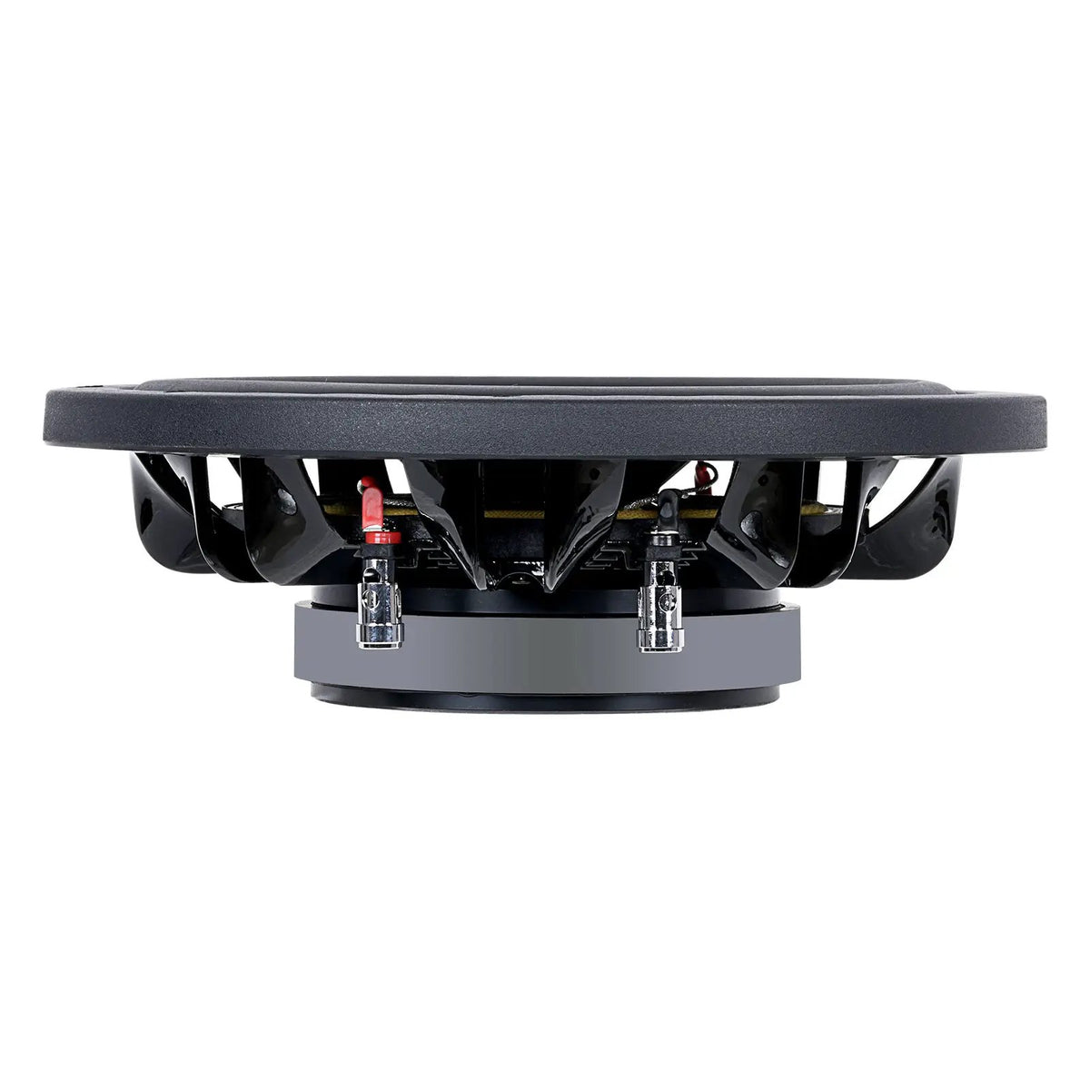 Side profile of a shallow Audiopipe subwoofer showing its low basket, magnet and terminals