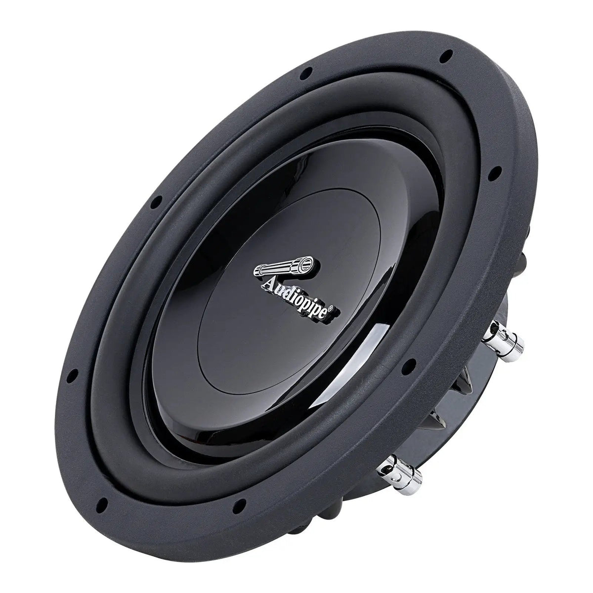 Opposite front angle of a black Audiopipe subwoofer with a smooth center cap and side terminals