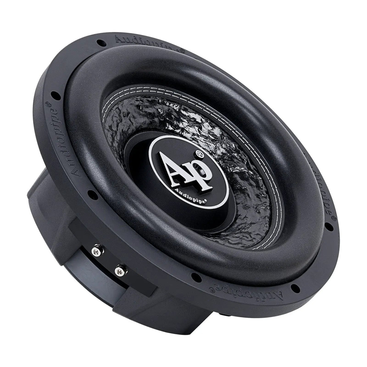 Audiopipe subwoofer with a textured cone and silver AP logo, angled view
