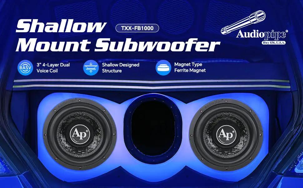 TXX-FB1000 shallow-subwoofer graphic highlighting dual voice coils, shallow design and ferrite magnet
