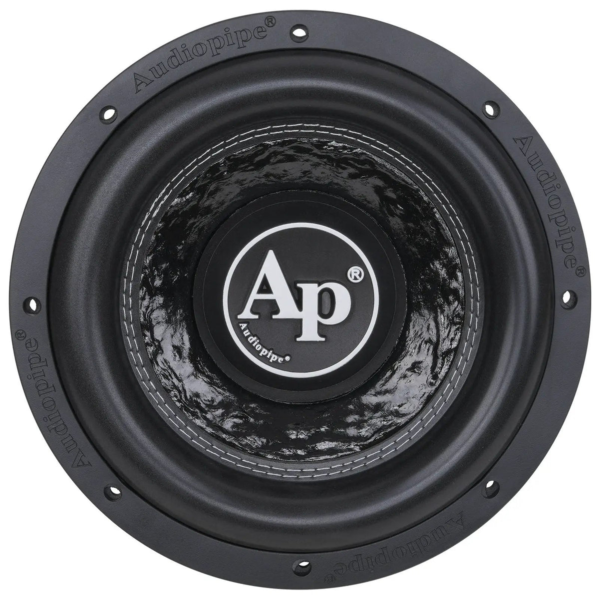 Front view of an Audiopipe subwoofer with mottled cone, white AP logo and broad black surround