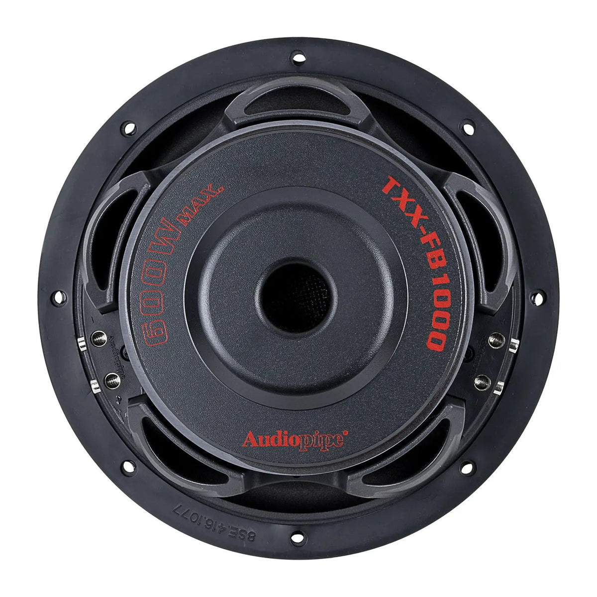 Rear view of an Audiopipe shallow subwoofer marked TXX-FB1000 and 600W Max