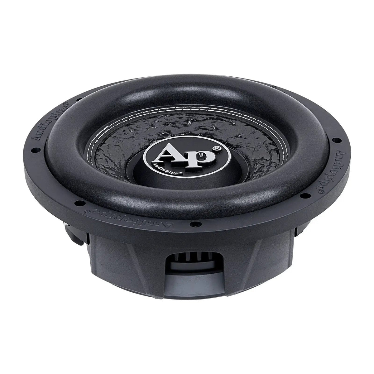 Audiopipe shallow-profile subwoofer with a textured black cone, upper angled view