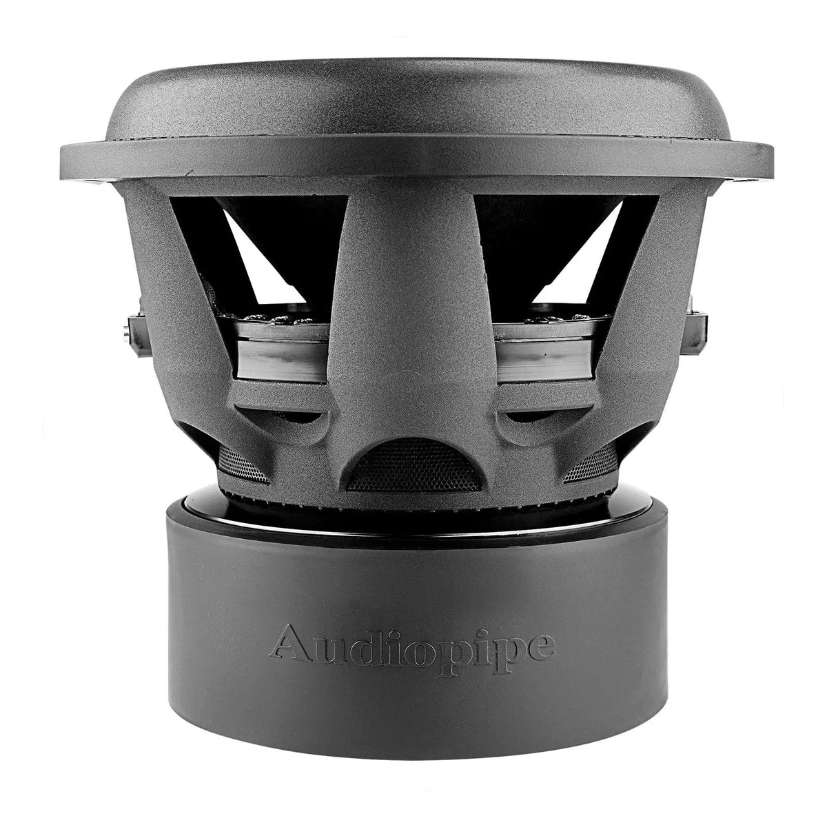 Side view of an Audiopipe subwoofer showing its black basket and large black magnet