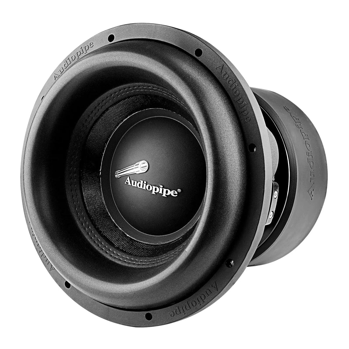 Black Audiopipe subwoofer viewed from the front and side, with its basket and terminals visible