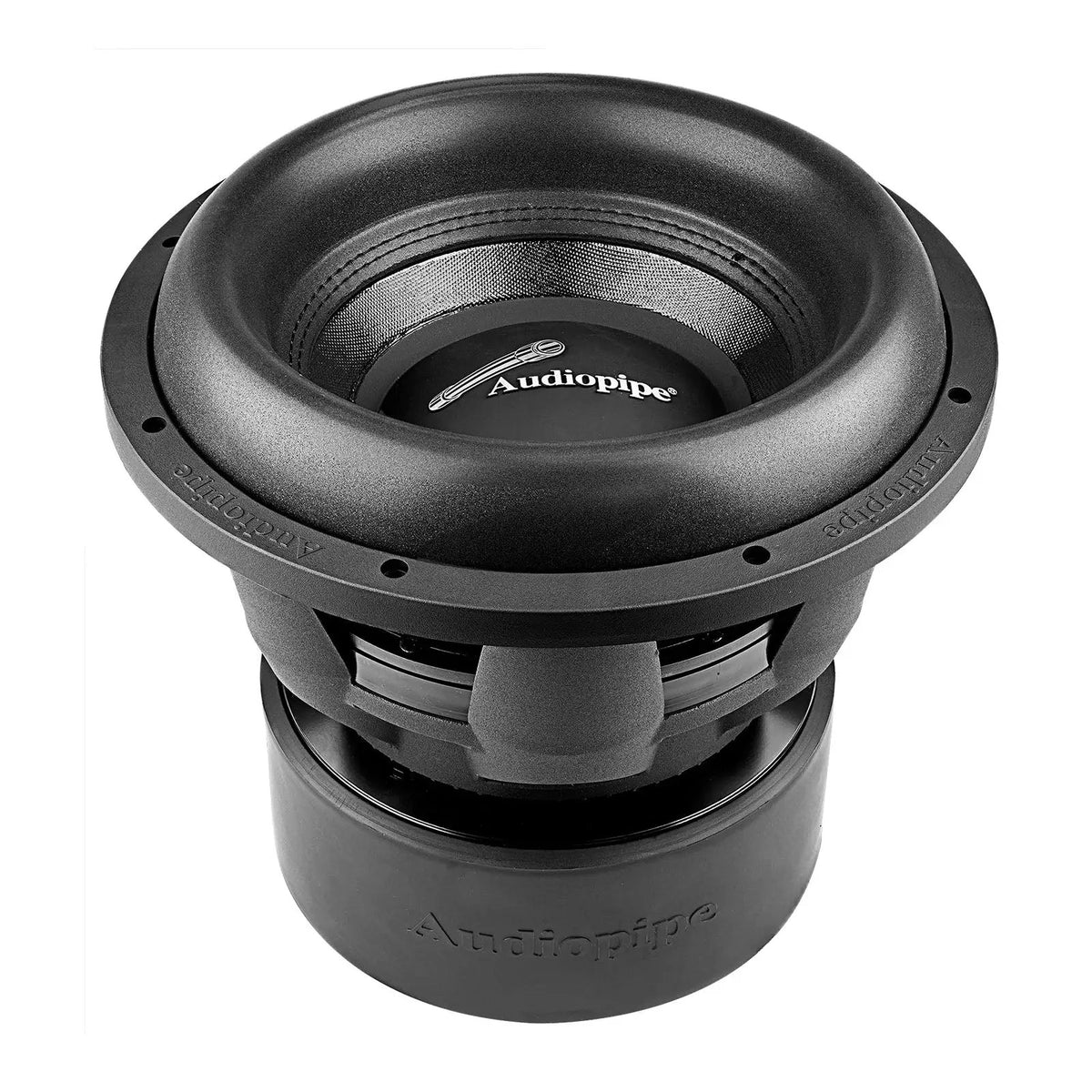 Audiopipe subwoofer viewed from above at an angle, showing its black cone, basket and magnet cover