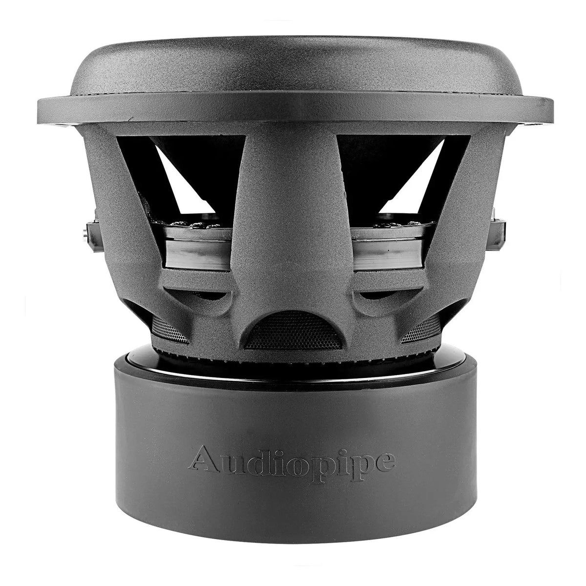 Audiopipe subwoofer, side view showing the open basket and large motor housing