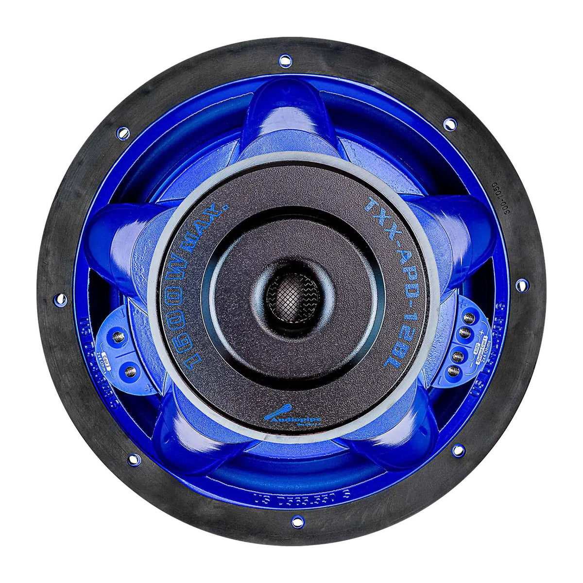 Rear view of a blue Audiopipe subwoofer marked TXX-APD-12BL and 1600W Max