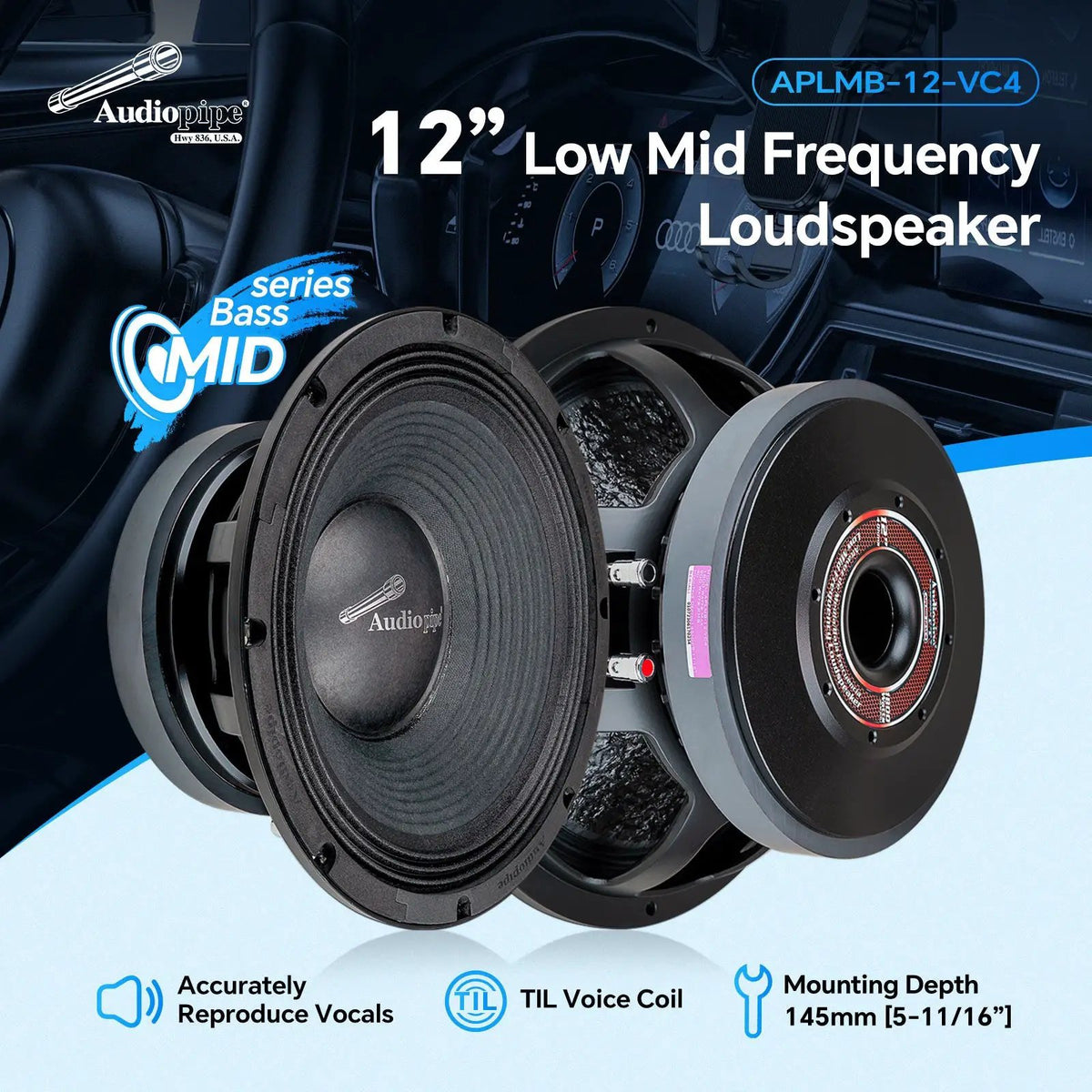 APLMB-12-VC4 feature graphic highlighting vocal reproduction, TIL voice coil and 145 mm mounting depth