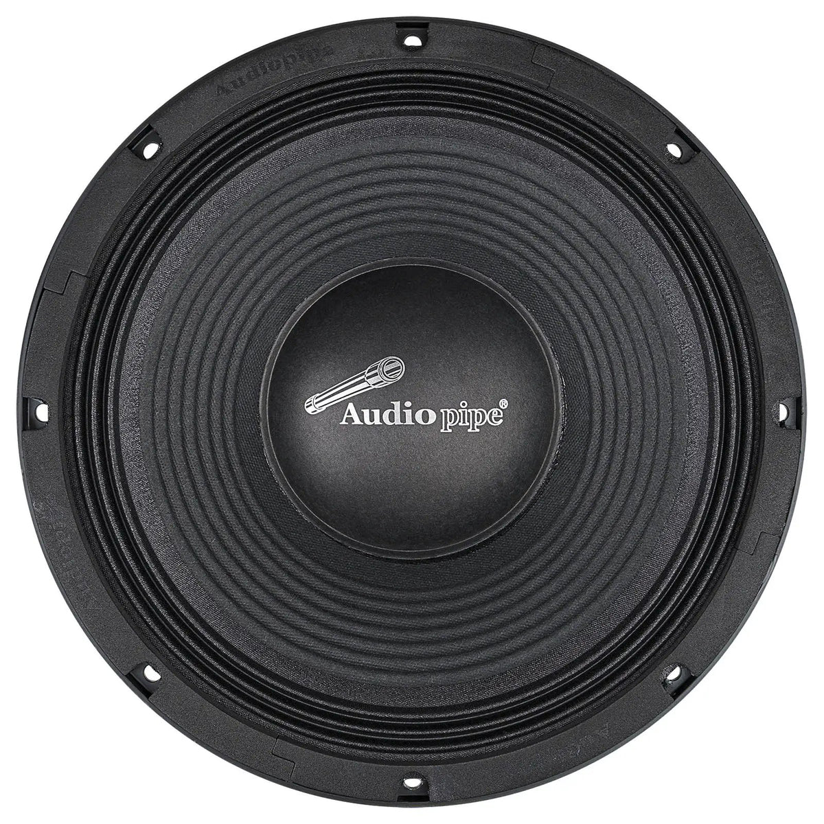 Front of a black Audiopipe speaker with a ribbed cone and large domed center