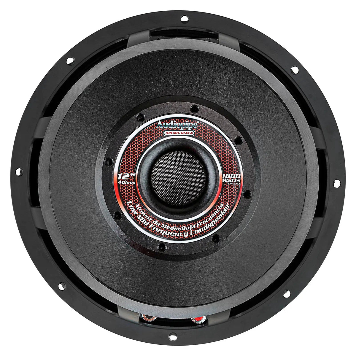 Rear label of the Audiopipe APLMB-12-VC4 speaker, marked 12 inches and 4 ohms around a screened central vent