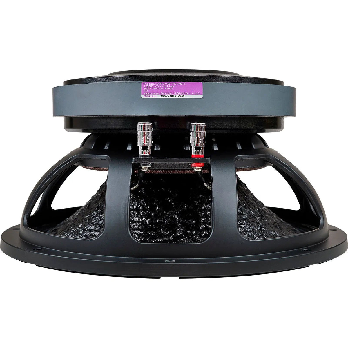 Rear side view of a large black speaker basket, magnet and red-and-black terminals
