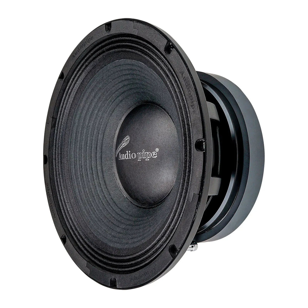 Audiopipe midrange loudspeaker with a ribbed black cone, opposite angled view