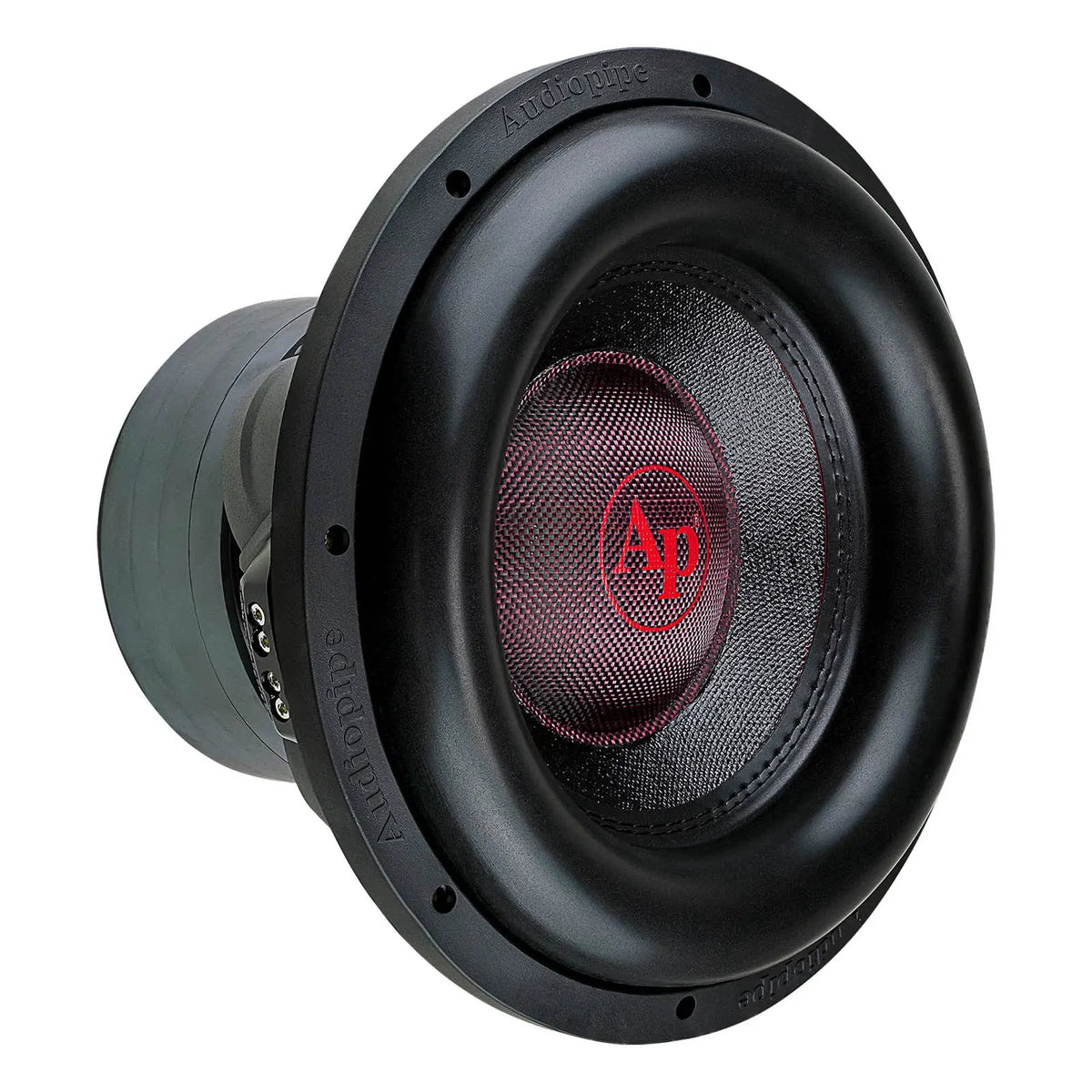 Angled front view of Audiopipe subwoofer with black surround and red center logo