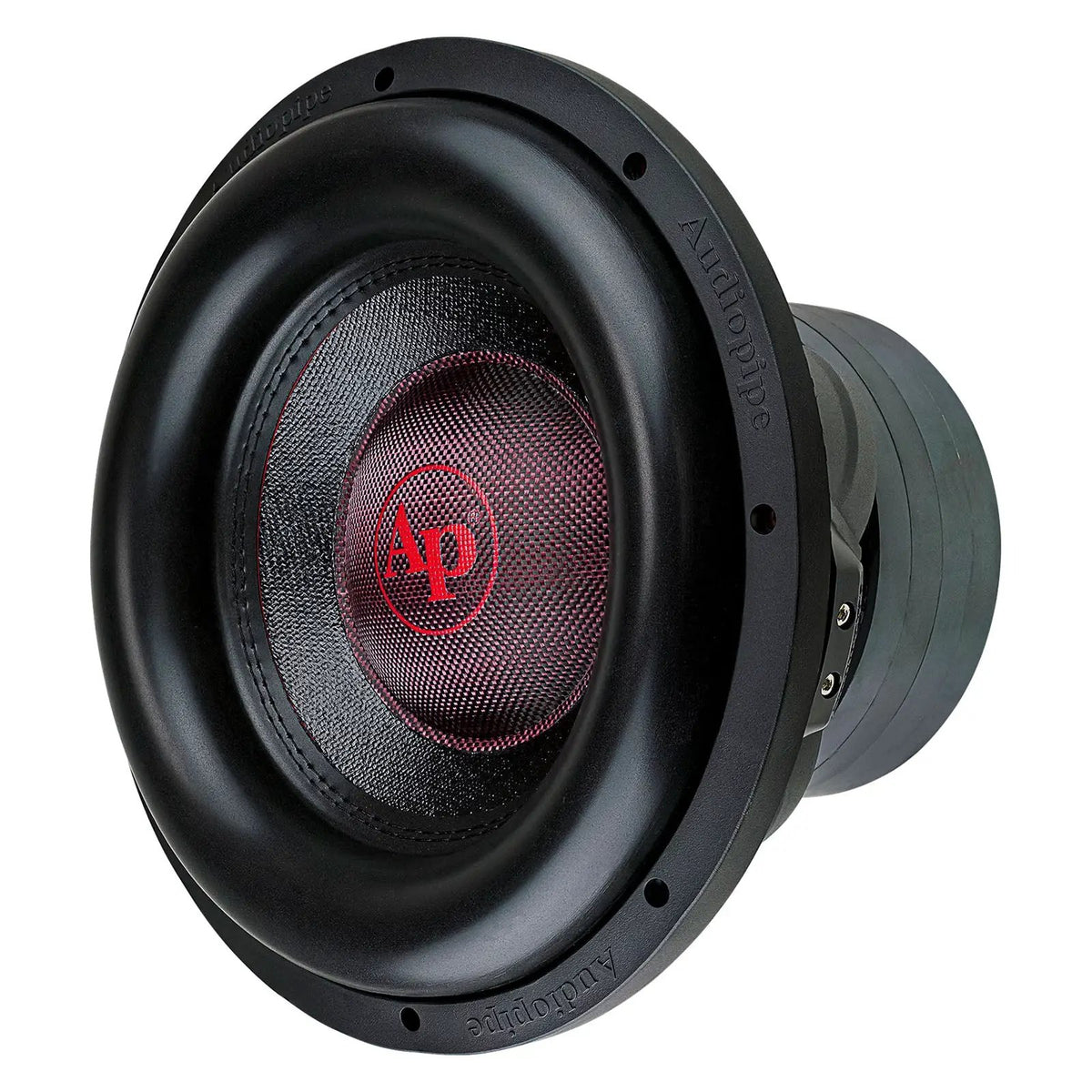 Audiopipe subwoofer with a broad surround and red center logo, angled view