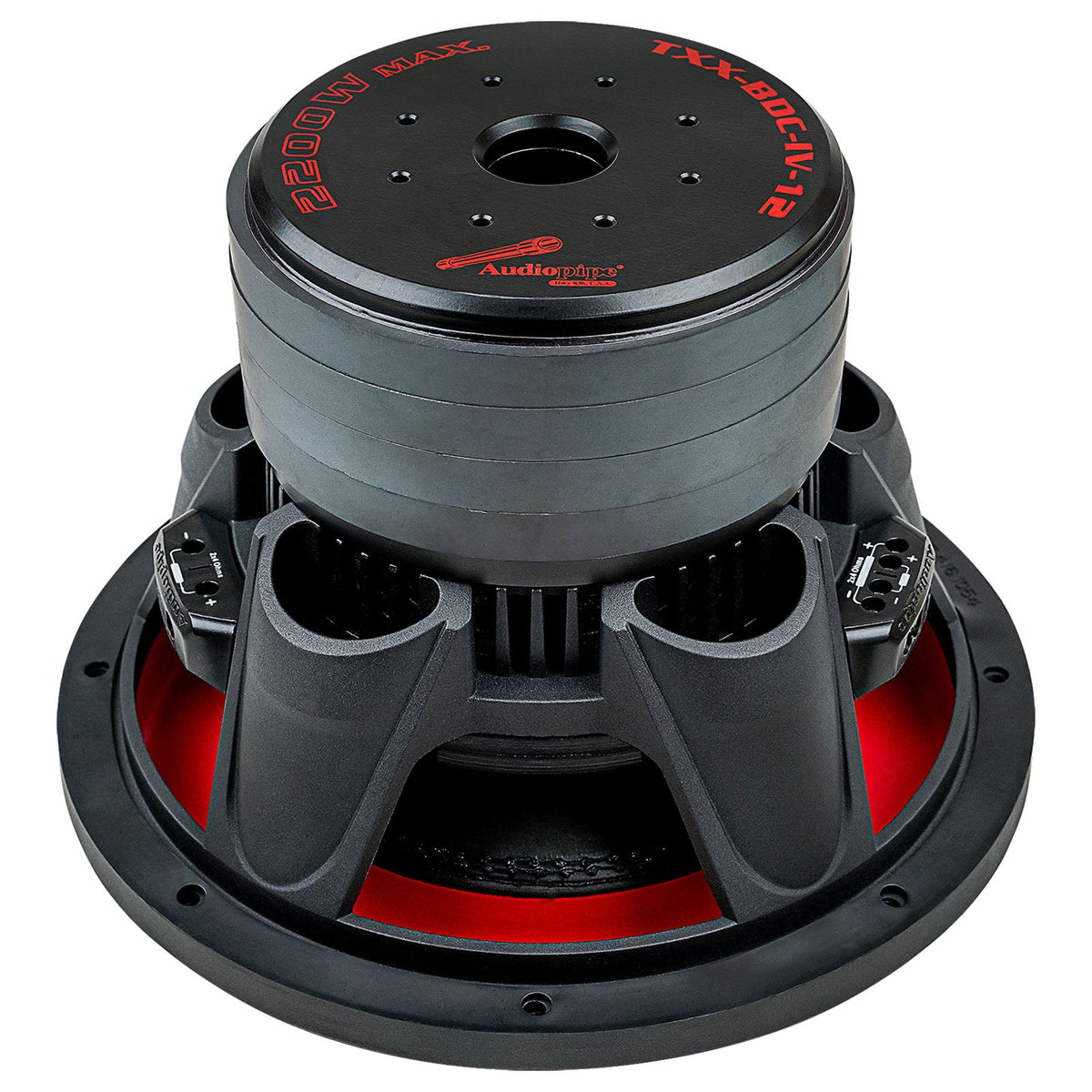 Audiopipe subwoofer rear angled view showing its stacked magnet, vented basket and red suspension