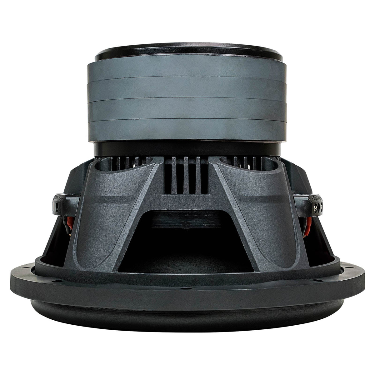 Side view of an inverted black subwoofer showing its deep basket and stacked gray magnet