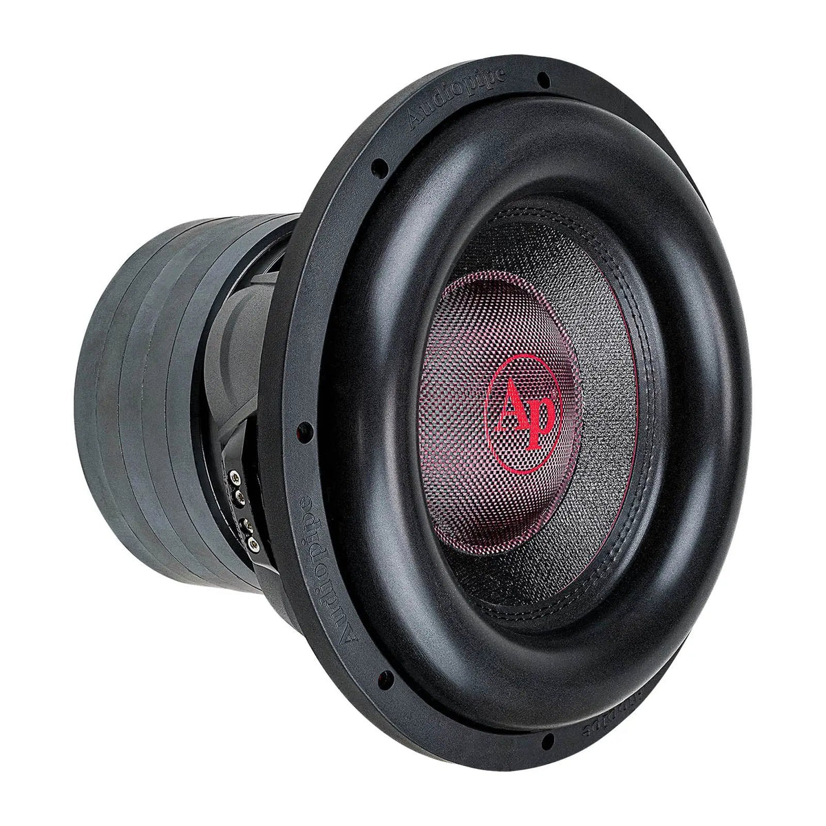 Audiopipe subwoofer at an angle with a black woven cone, red AP logo and broad black surround