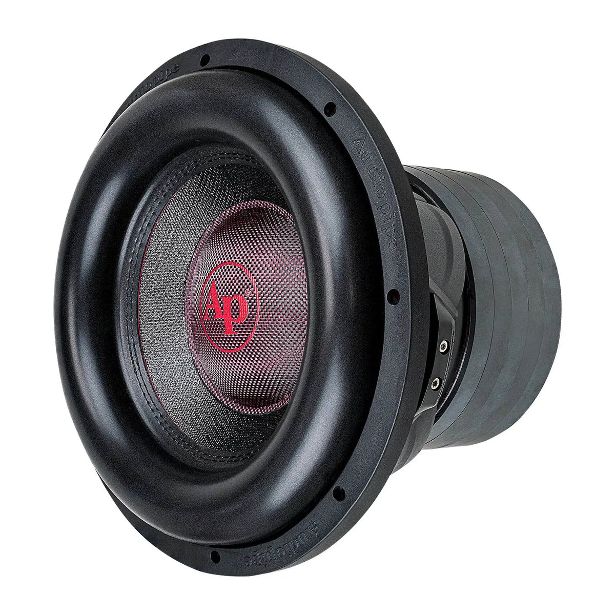 Angled front view of an Audiopipe subwoofer with a red AP logo and thick black surround