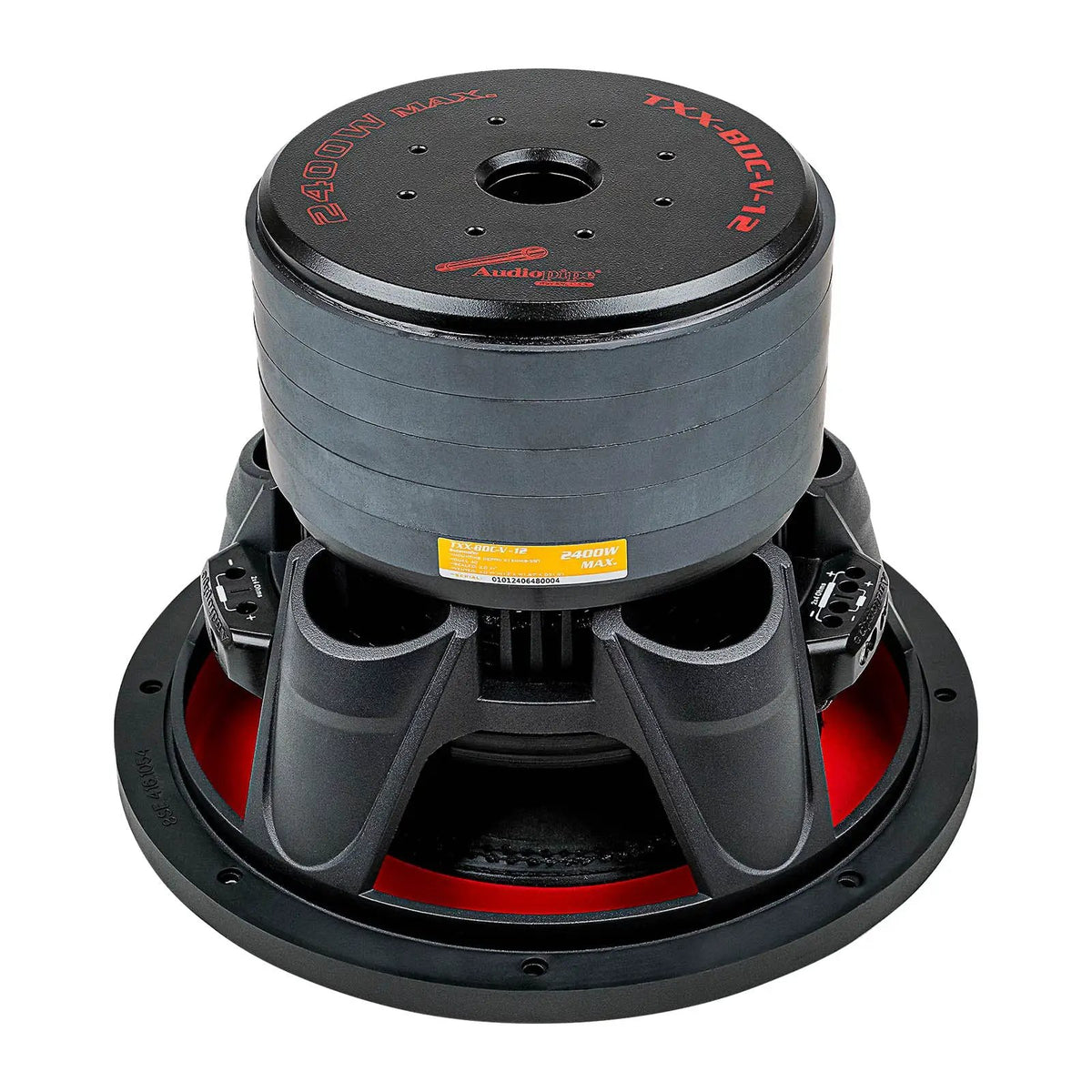 Audiopipe TXX-BDC-V-12 subwoofer, rear view showing the stacked motor and terminals