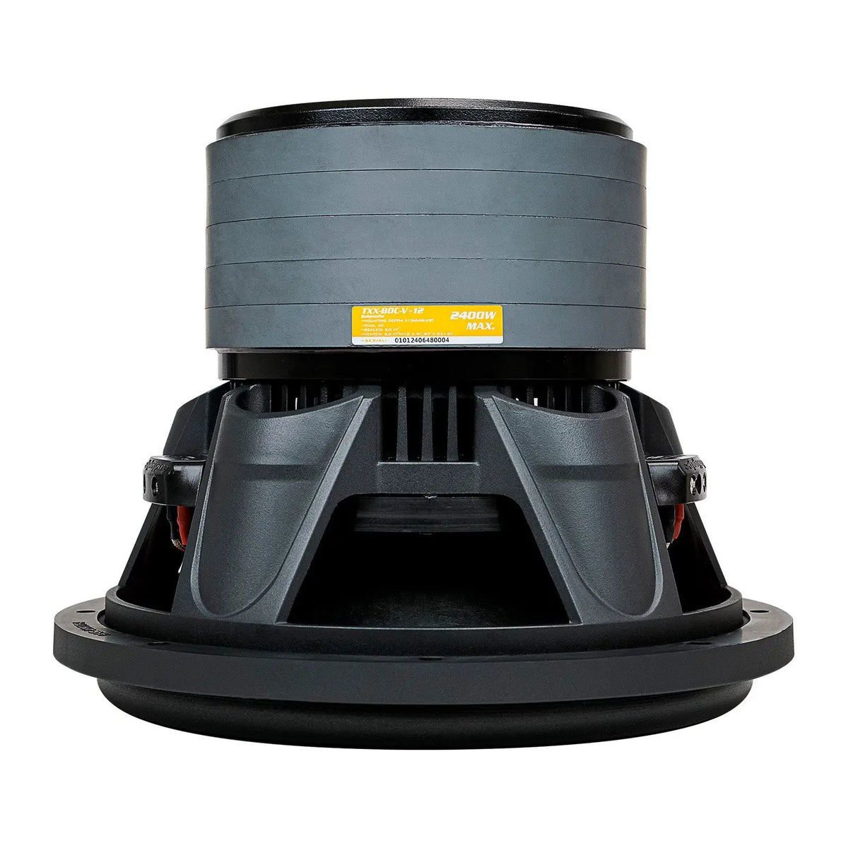 Inverted Audiopipe subwoofer showing five stacked magnets, a black basket and yellow caution label