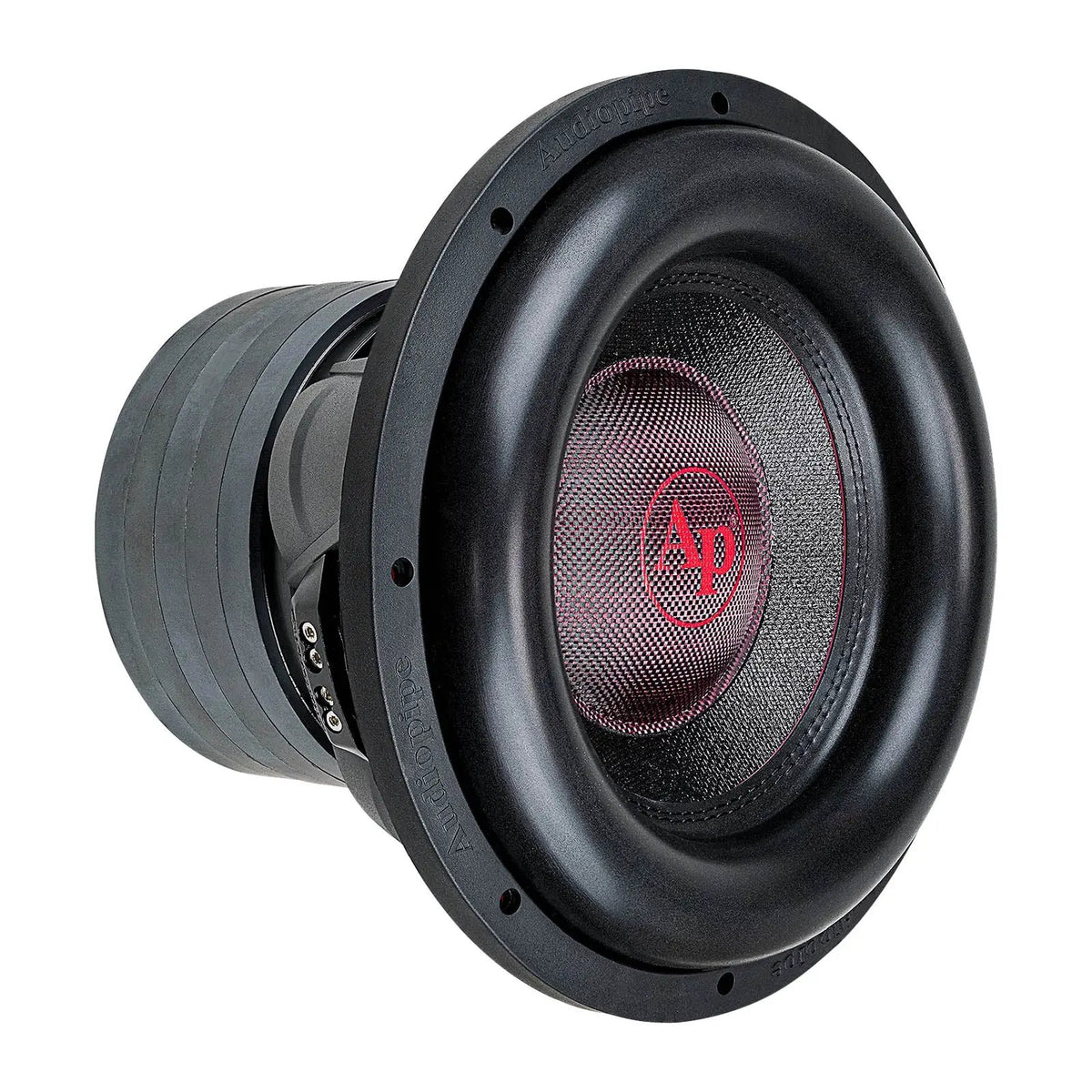 Audiopipe subwoofer at an angle with a black woven cone, red AP logo and broad black surround