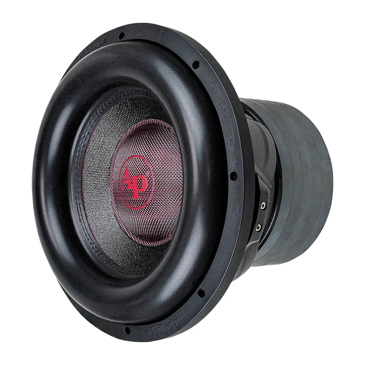Angled front view of an Audiopipe subwoofer with a red AP logo and thick black surround