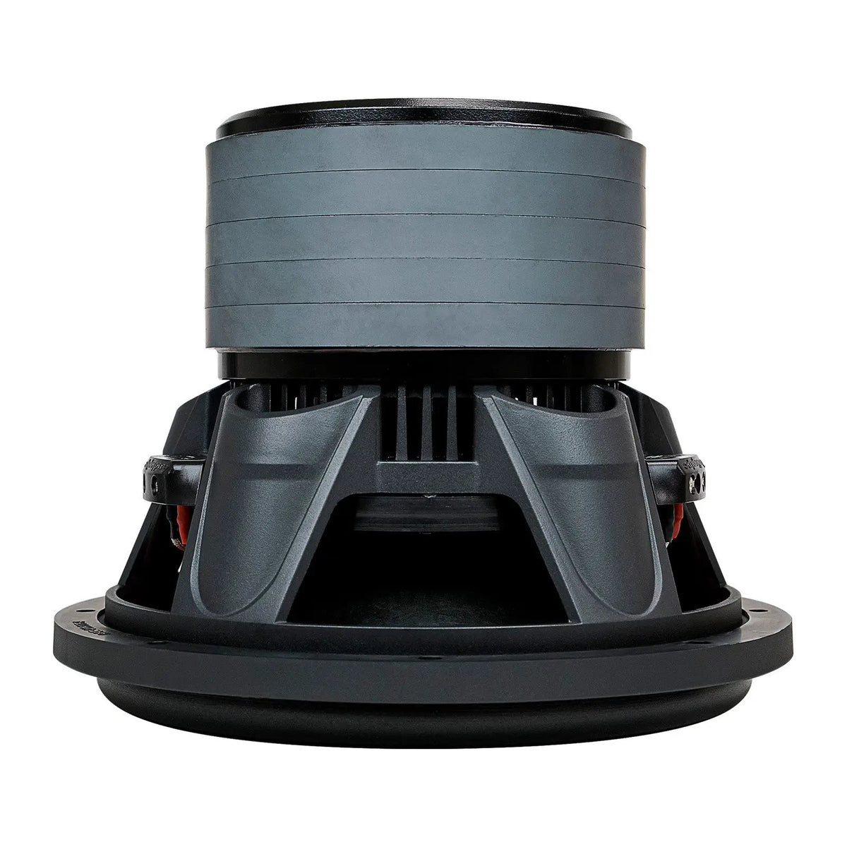Inverted side view of an Audiopipe subwoofer with a stacked gray magnet, vented black basket and red inner rim