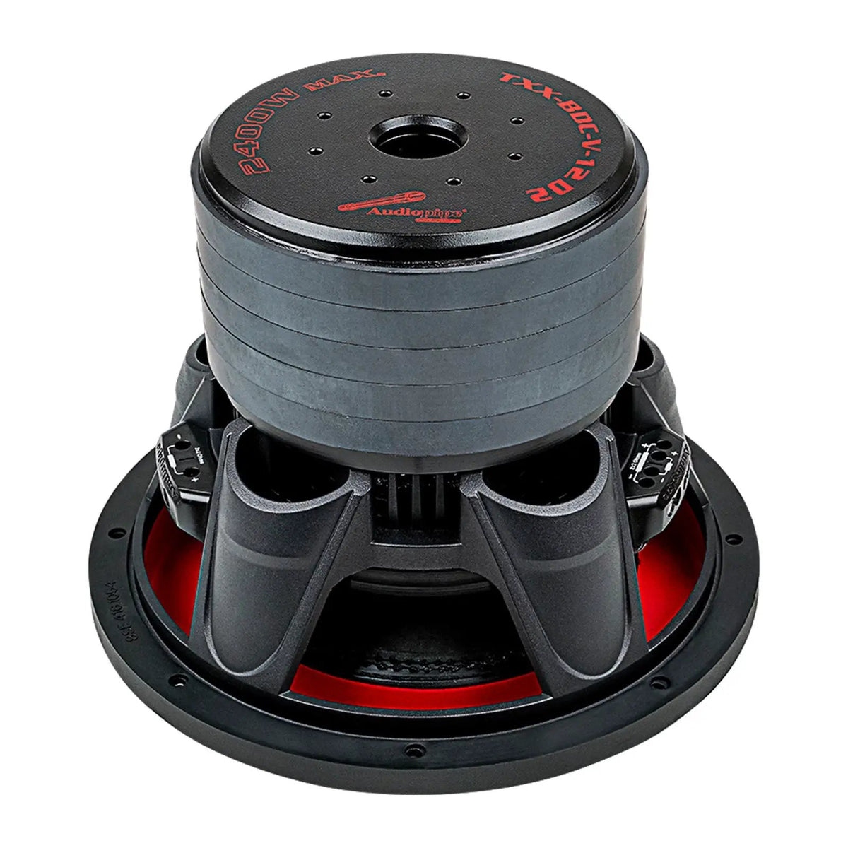Rear angled view of an Audiopipe TXX-BDC-V-12D2 subwoofer showing its stacked magnet and terminal blocks