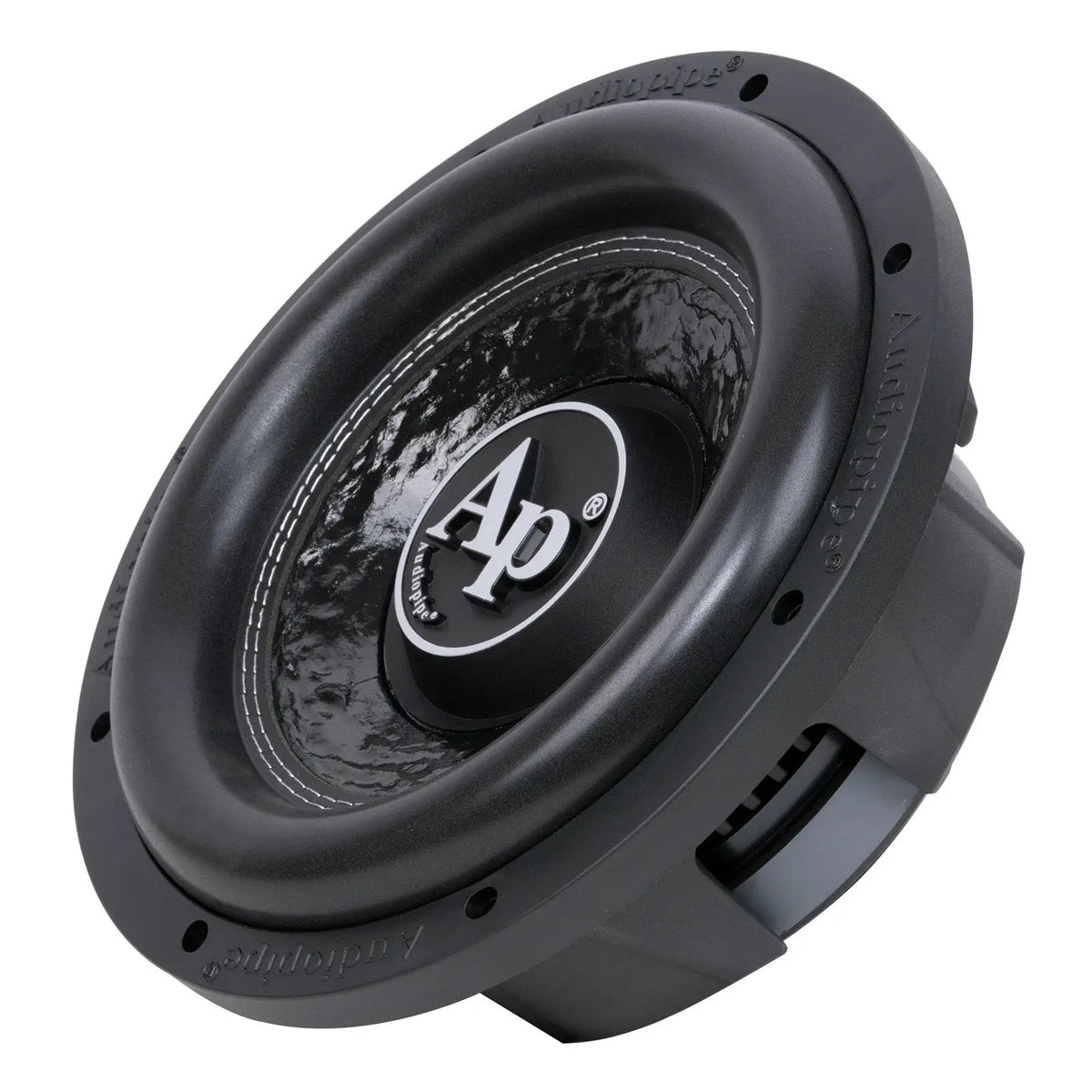 Angled front view of an Audiopipe subwoofer with a textured cone, AP logo and shallow basket