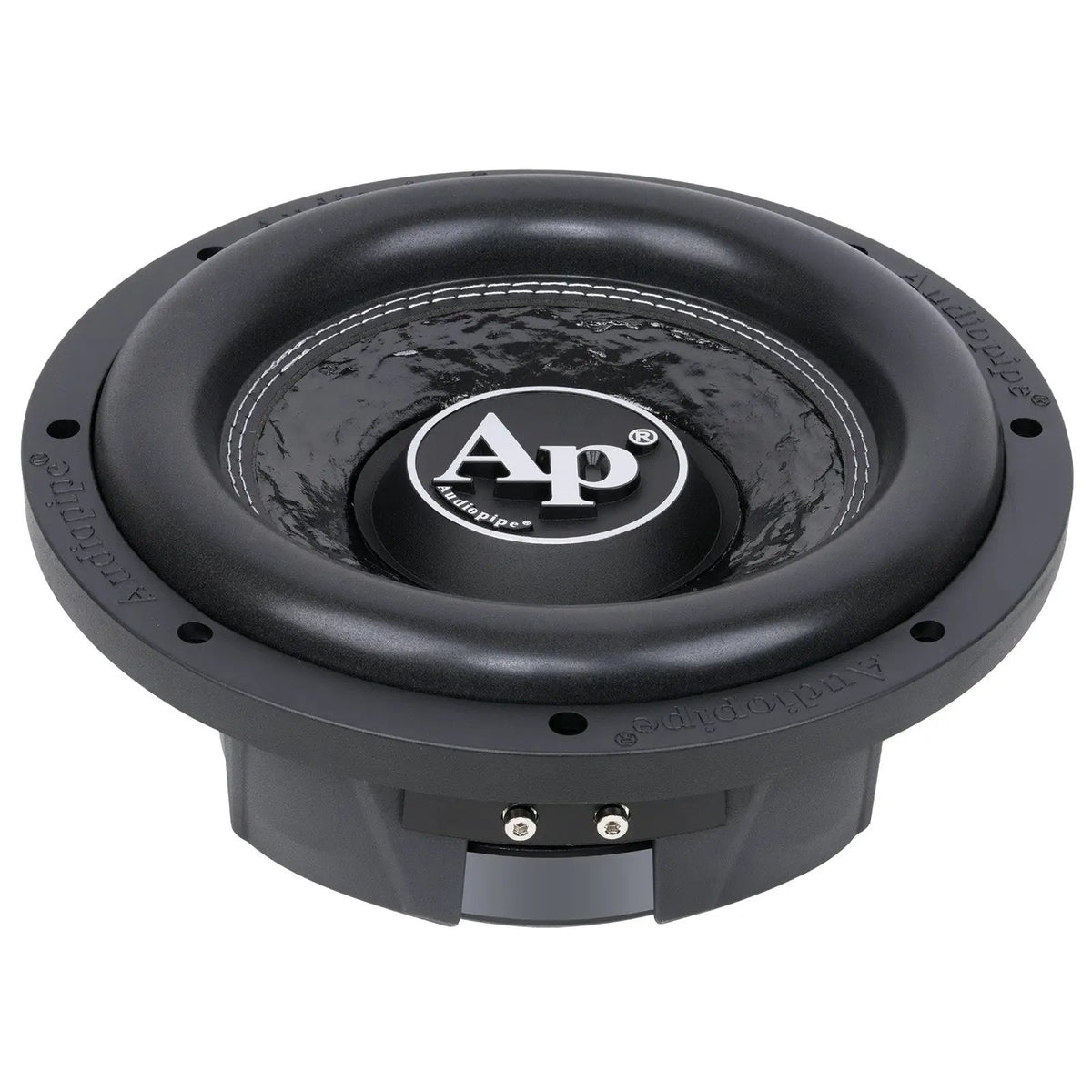 Raised front angle of a shallow Audiopipe subwoofer showing its textured cone, AP center logo and terminal block