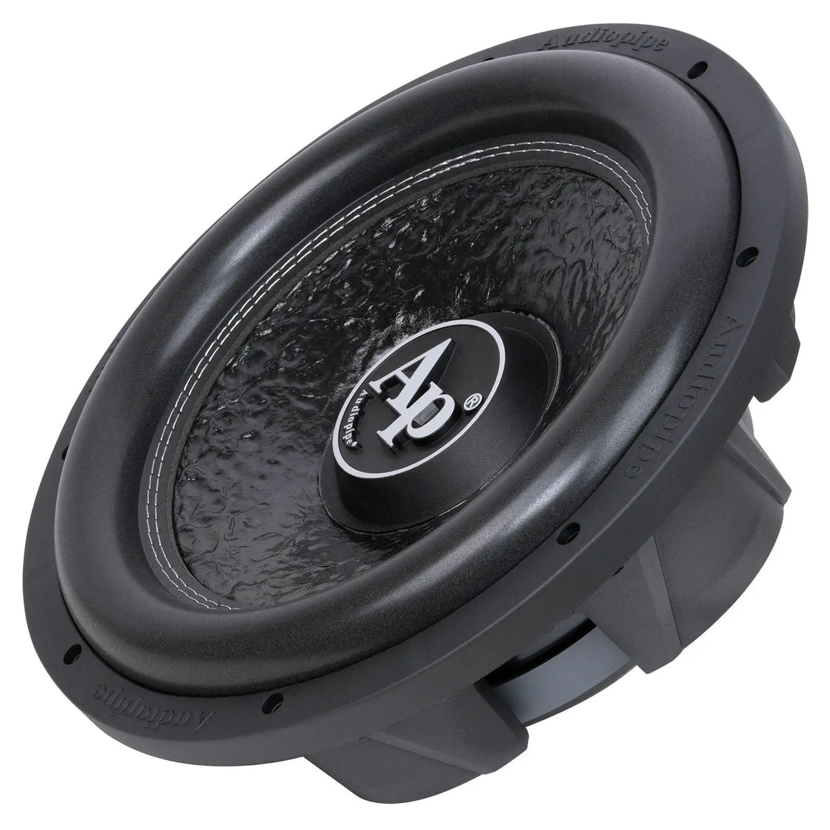 Angled front view of an Audiopipe subwoofer with a textured cone, AP logo and low-profile basket