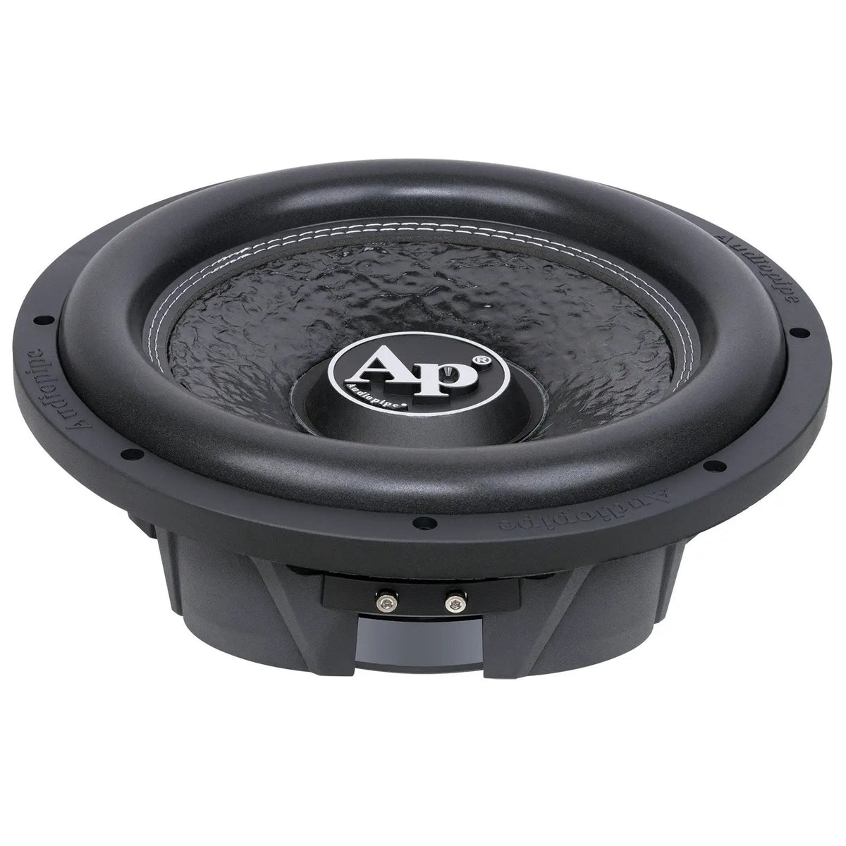 Audiopipe shallow-profile subwoofer with a textured black cone and front terminals, low angled view