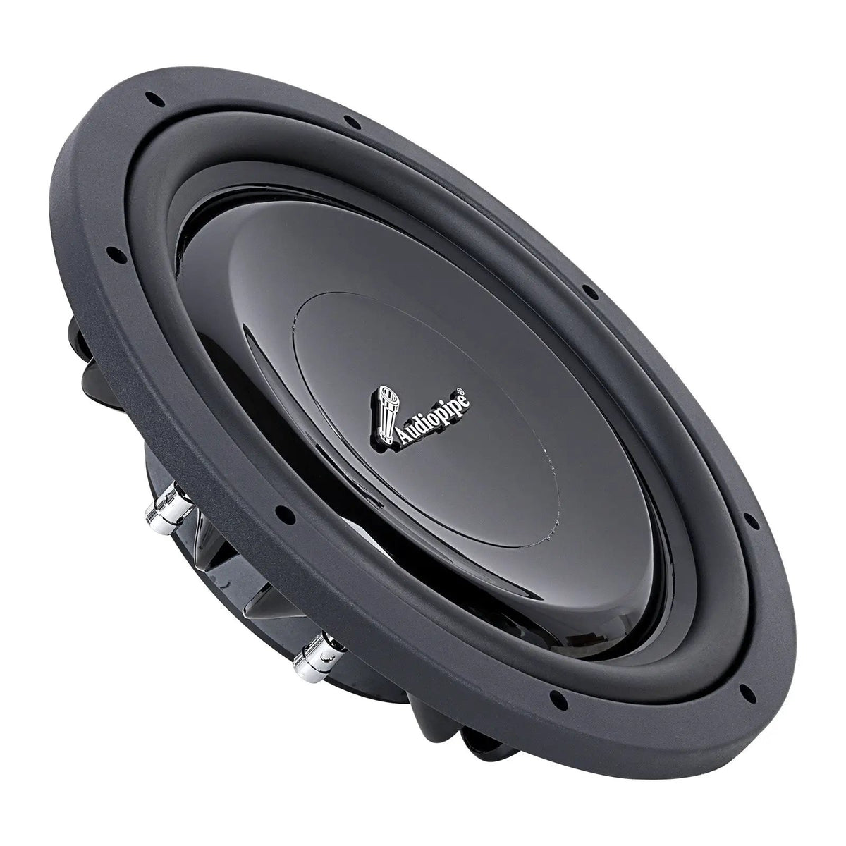Angled front view of a shallow Audiopipe subwoofer with smooth black cone and silver logo
