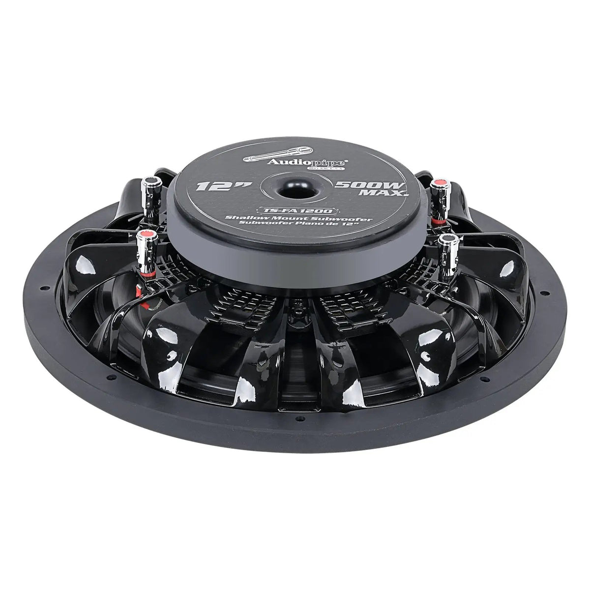 Rear angled view of a shallow Audiopipe subwoofer showing the magnet label, basket and terminals